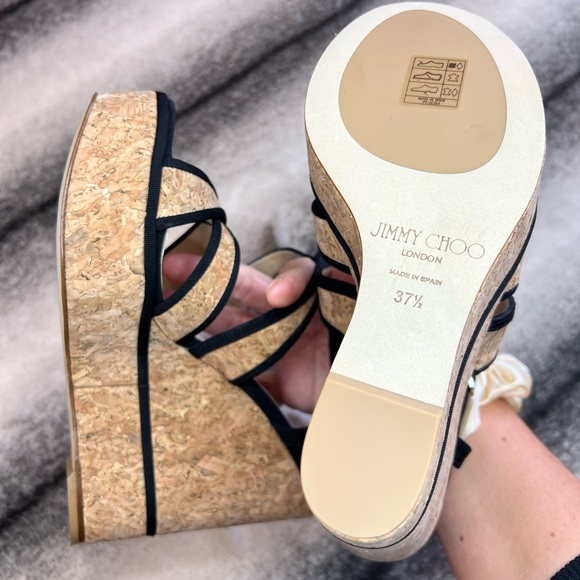 Jimmy Choo Alissa 120 Natural Black Cork Grossgrain Wedges - Picture 9 of 10